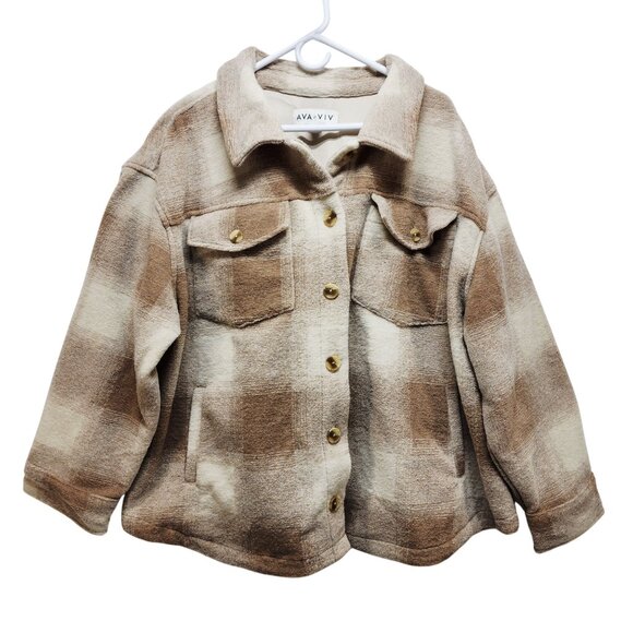Ava & Viv Womens Plus Size Beige Plaid Button-Up Jacket Size 3X Fleece Lined - Picture 1 of 7